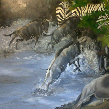 Trektocht van de gnoes, olie op doek, 90x90