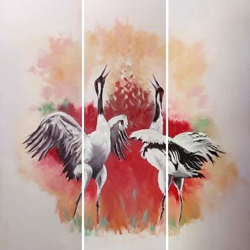 Kraanvogels, drieluik, olie op doek, 118x116