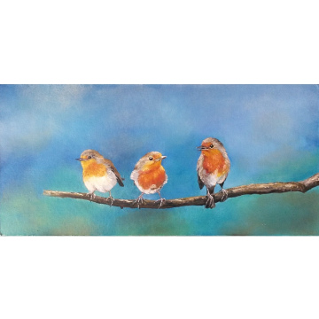Drie roodborstjes op een tak, olie op paneel, 43x20
